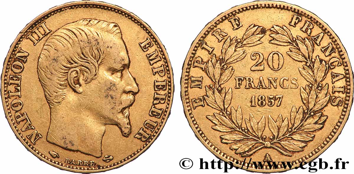 20 francs or Napoléon III, tête nue 1857 Paris F.531/12 TB+ 