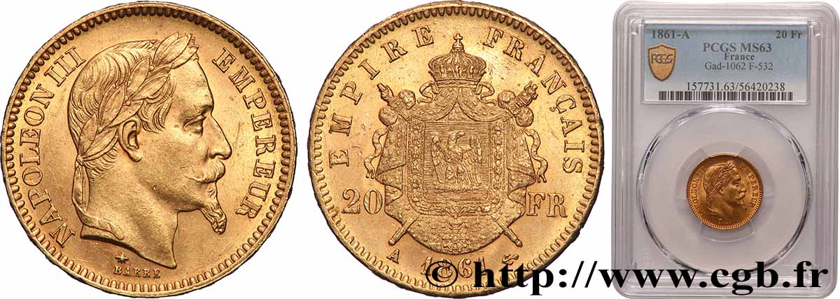 20 francs or Napoléon III, tête laurée 1861 Paris F.532/1 MS63 PCGS