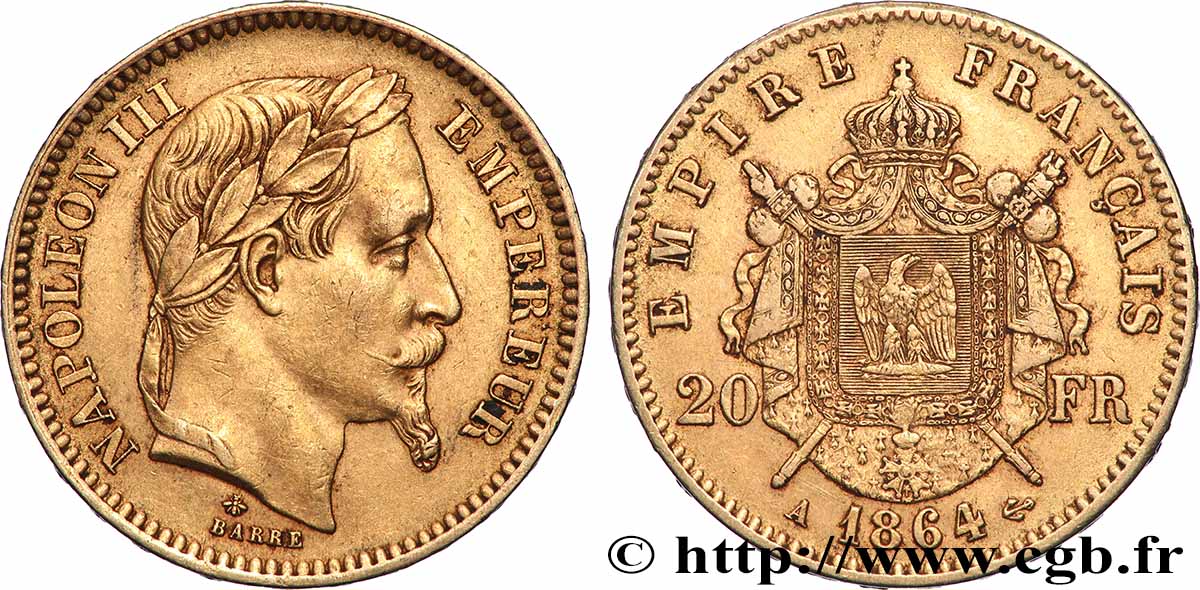 20 francs or Napoléon III, tête laurée 1864 Paris F.532/8 MBC 