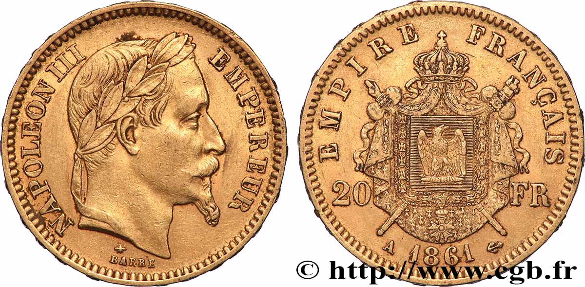 20 francs or Napoléon III, tête laurée 1861 Paris F.532/1 MBC 