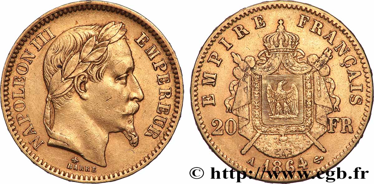 20 francs or Napoléon III, tête laurée 1864 Paris F.532/8 MBC 
