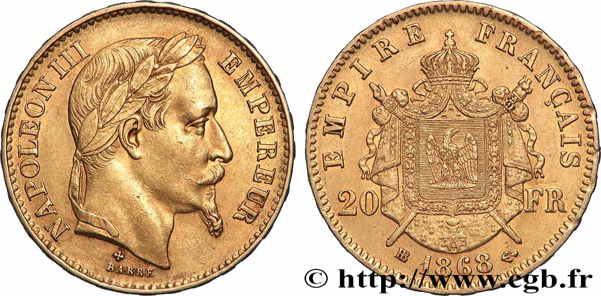 20 francs or Napoléon III, tête laurée 1868 Strasbourg F.532/19 MBC+ 