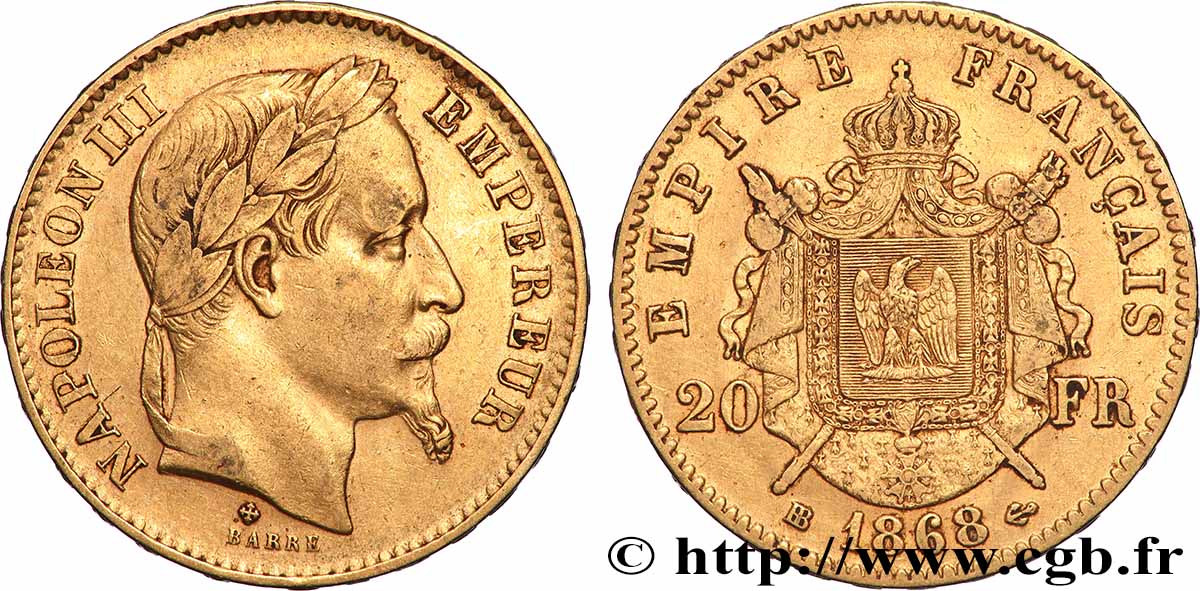 20 francs or Napoléon III, tête laurée 1868 Strasbourg F.532/19 MBC 