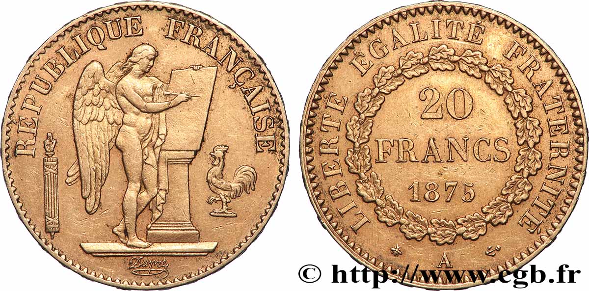 20 francs or Génie, Troisième République 1875 Paris F.533/3 MBC 