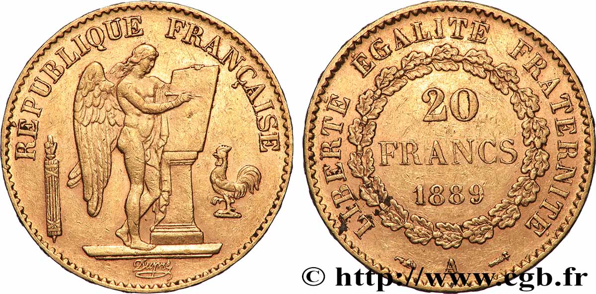 20 francs or Génie, Troisième République 1889 Paris F.533/12 MBC 