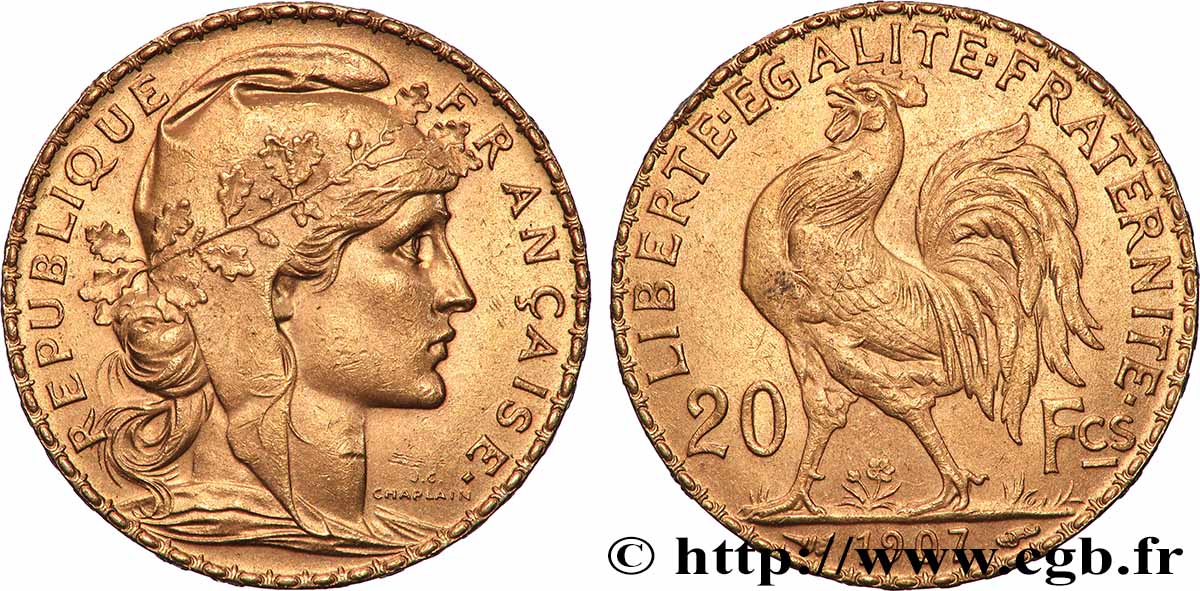 20 francs or Coq, Liberté Égalité Fraternité 1907 Paris F.535/1 EBC 