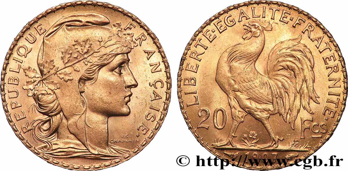 20 francs or Coq, Liberté Égalité Fraternité 1907 Paris F.535/1 EBC+ 