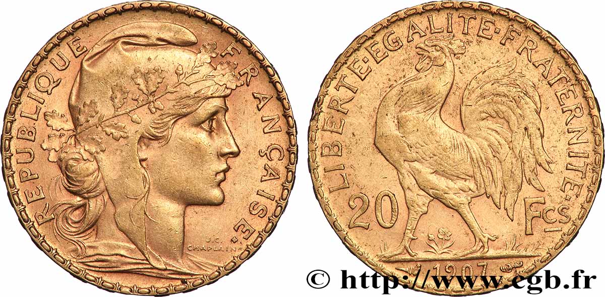 20 francs or Coq, Liberté Égalité Fraternité 1907 Paris F.535/1 MBC+ 