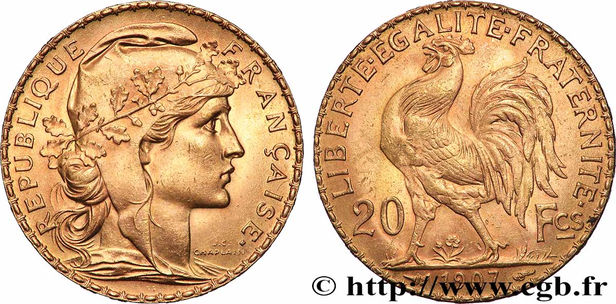 20 francs or Coq, Liberté Égalité Fraternité 1907 Paris F.535/1 EBC+ 