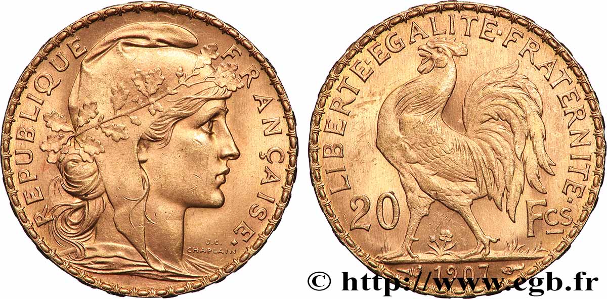 20 francs or Coq, Liberté Égalité Fraternité 1907 Paris F.535/1 MS 