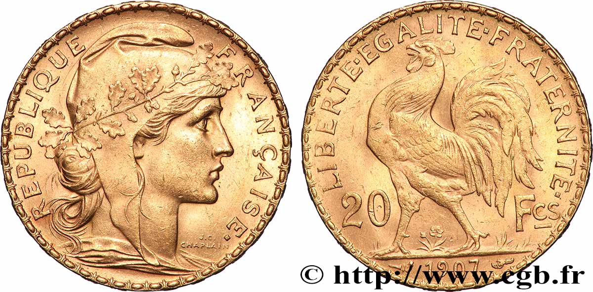 20 francs or Coq, Liberté Égalité Fraternité 1907 Paris F.535/1 EBC 