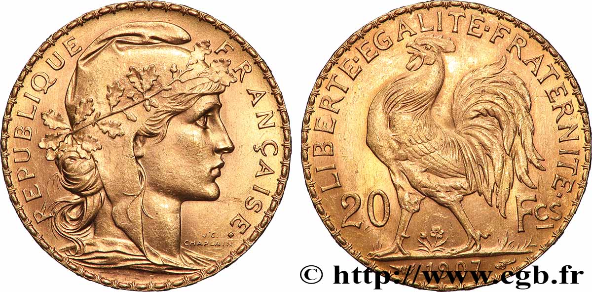 20 francs or Coq, Liberté Égalité Fraternité 1907 Paris F.535/1 MS 