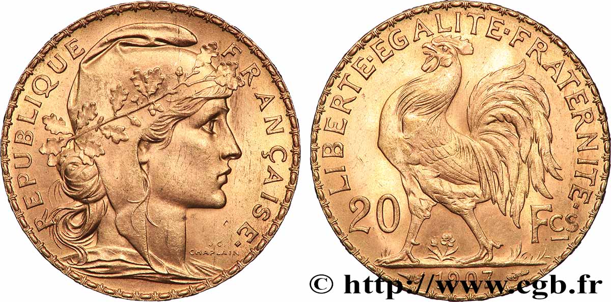 20 francs or Coq, Liberté Égalité Fraternité 1907 Paris F.535/1 SC 