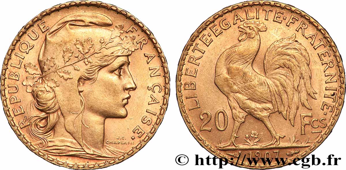 20 francs or Coq, Liberté Égalité Fraternité 1907 Paris F.535/1 AU 