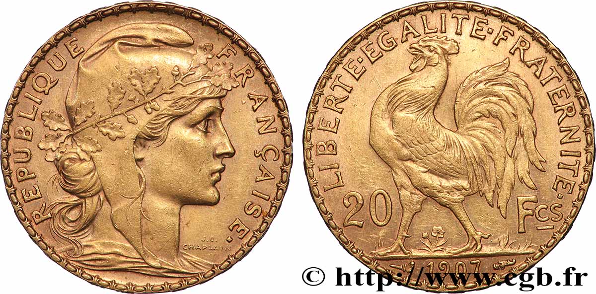 20 francs or Coq, Liberté Égalité Fraternité 1907 Paris F.535/1 EBC 