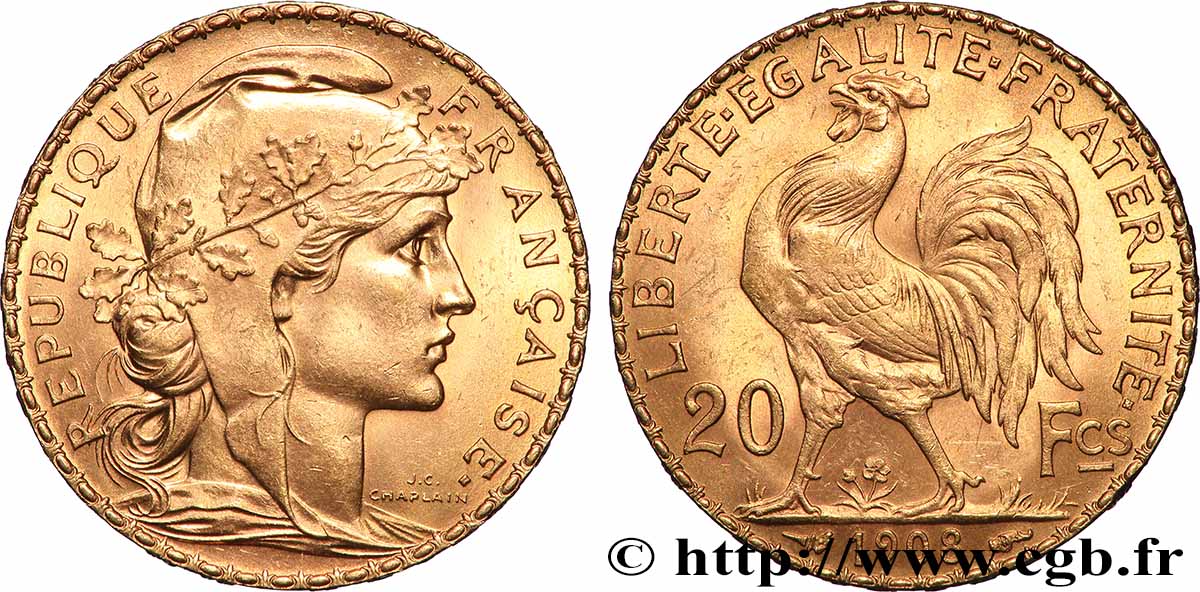 20 francs or Coq, Liberté Égalité Fraternité 1908 Paris F.535/2 SPL 