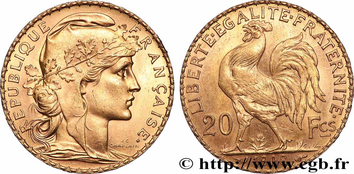 20 francs or Coq, Liberté Égalité Fraternité 1908 Paris F.535/2 EBC+ 