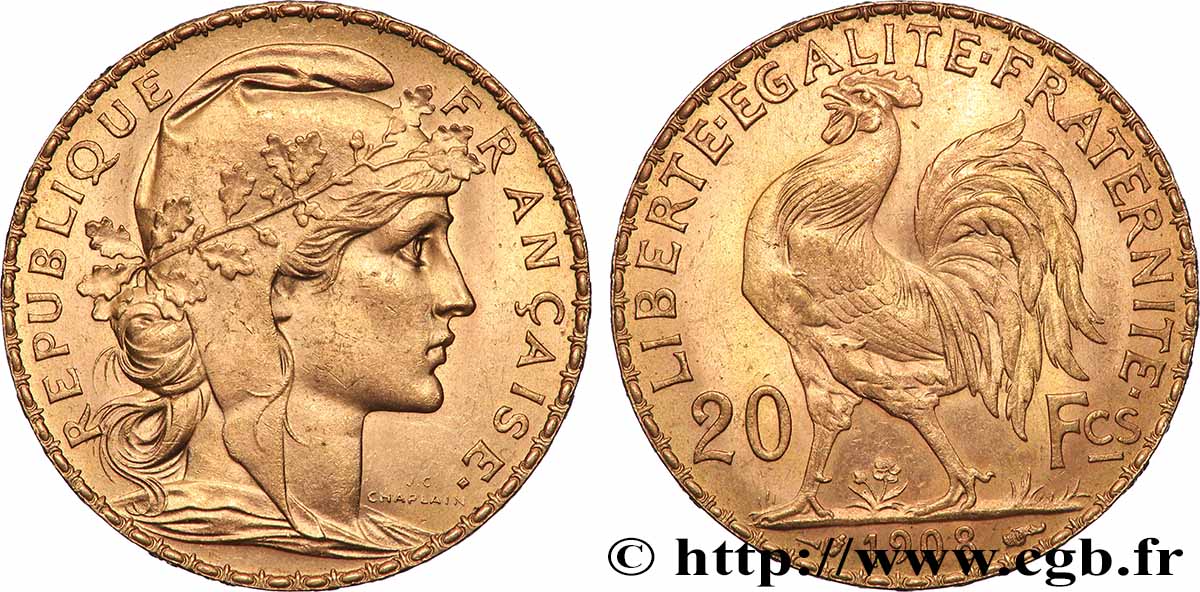 20 francs or Coq, Liberté Égalité Fraternité 1908 Paris F.535/2 EBC+ 