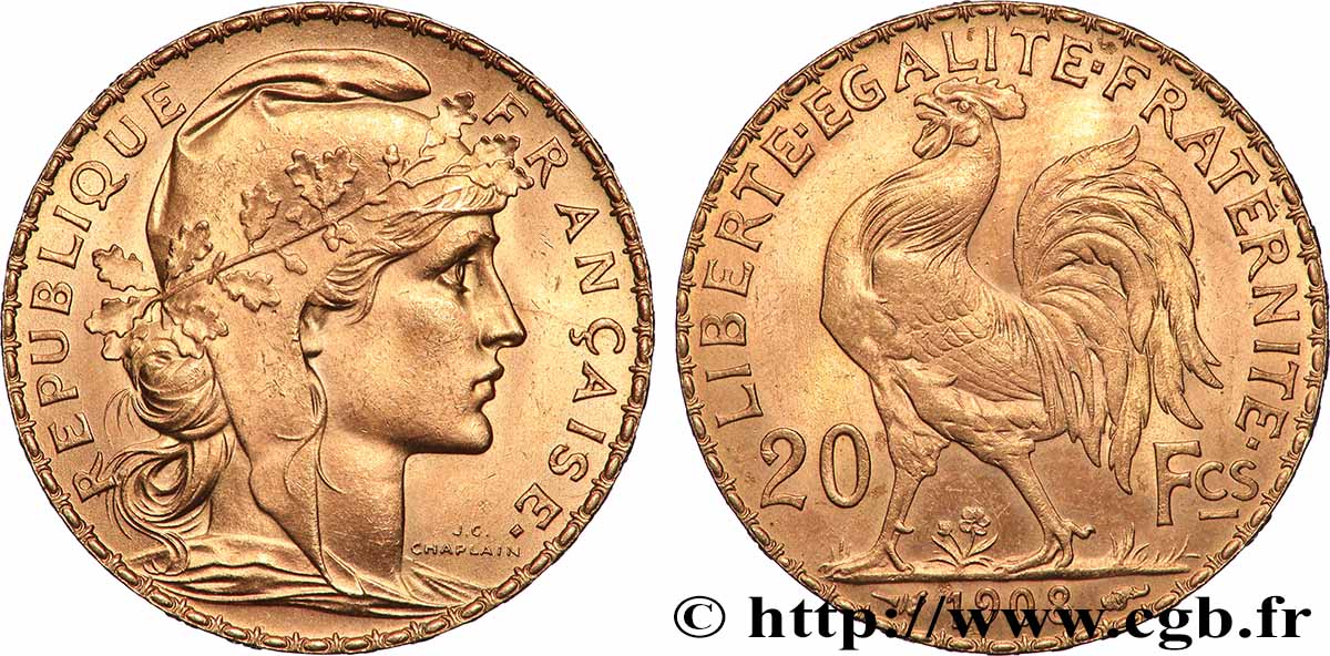 20 francs or Coq, Liberté Égalité Fraternité 1908 Paris F.535/2 SC 