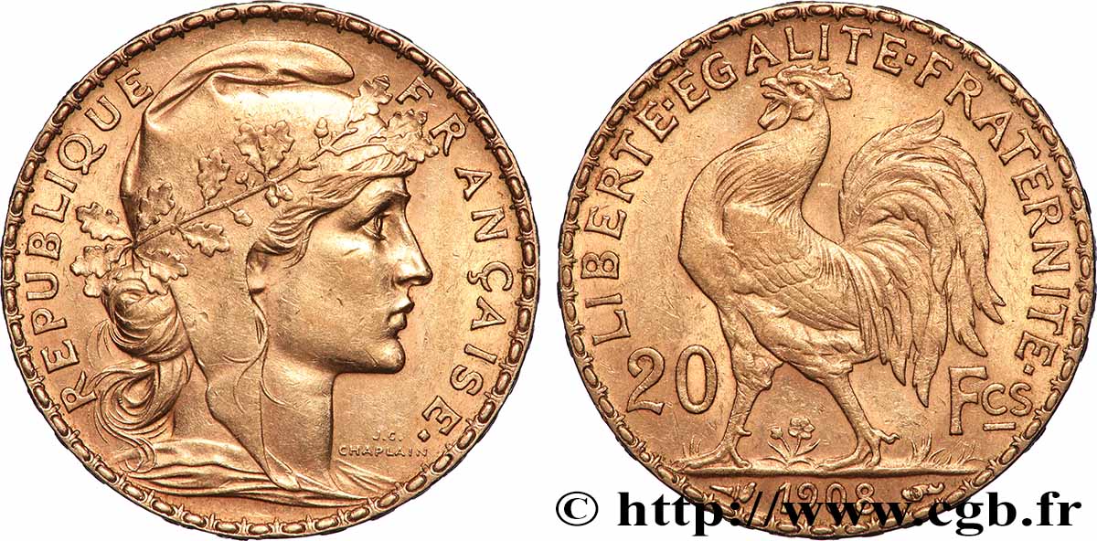 20 francs or Coq, Liberté Égalité Fraternité 1908 Paris F.535/2 MBC+ 