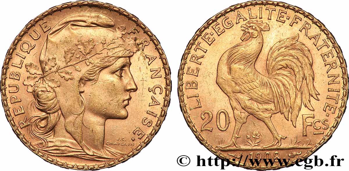 20 francs or Coq, Liberté Égalité Fraternité 1908 Paris F.535/2 MBC+ 