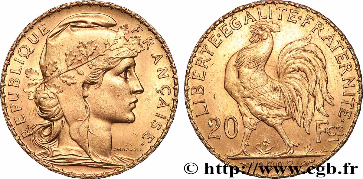 20 francs or Coq, Liberté Égalité Fraternité 1908 Paris F.535/2 EBC+ 