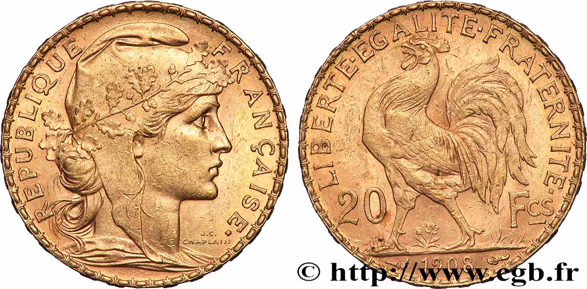 20 francs or Coq, Liberté Égalité Fraternité 1908 Paris F.535/2 MBC+ 