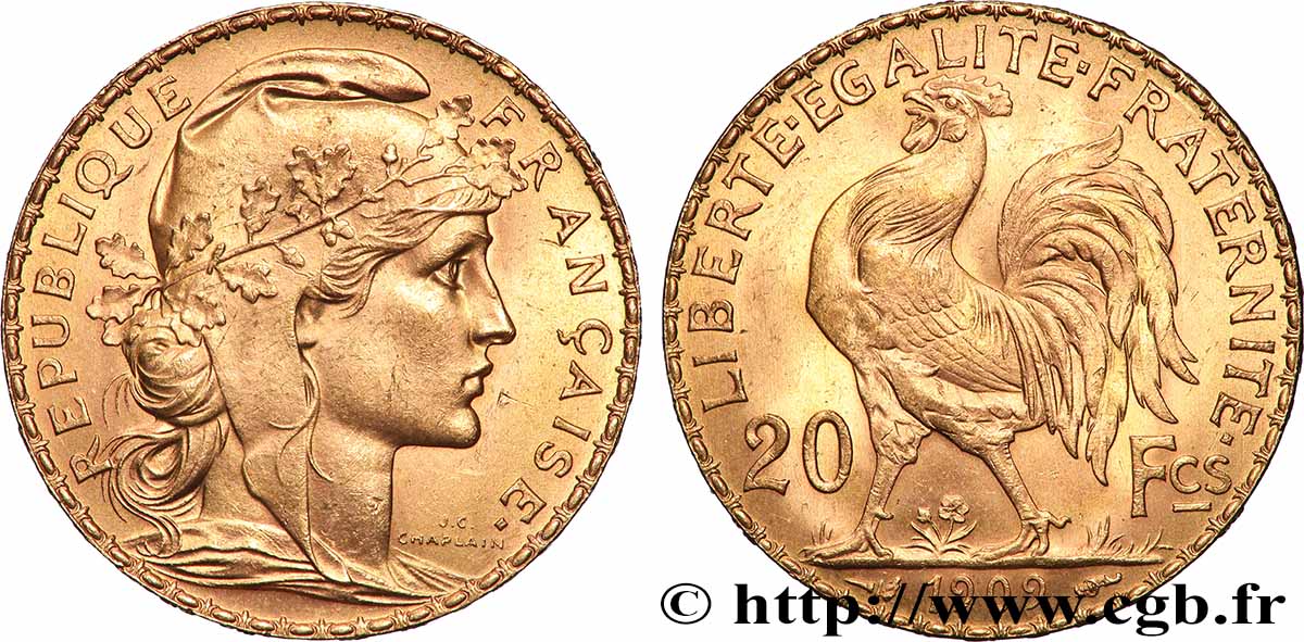 20 francs or Coq, Liberté Égalité Fraternité 1909 Paris F.535/3 SC 