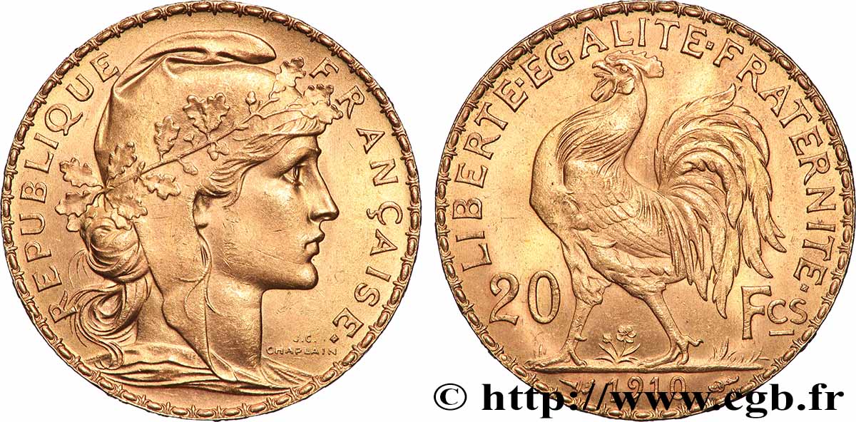 20 francs or Coq, Liberté Égalité Fraternité 1910 Paris F.535/4 MS 