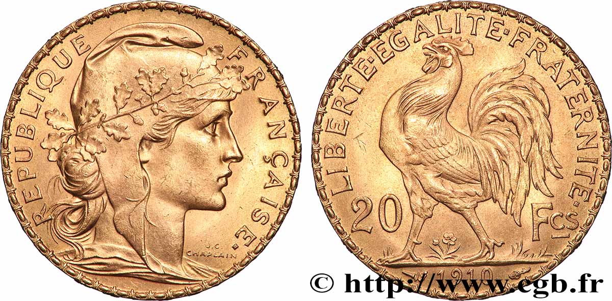 20 francs or Coq, Liberté Égalité Fraternité 1910 Paris F.535/4 SPL 