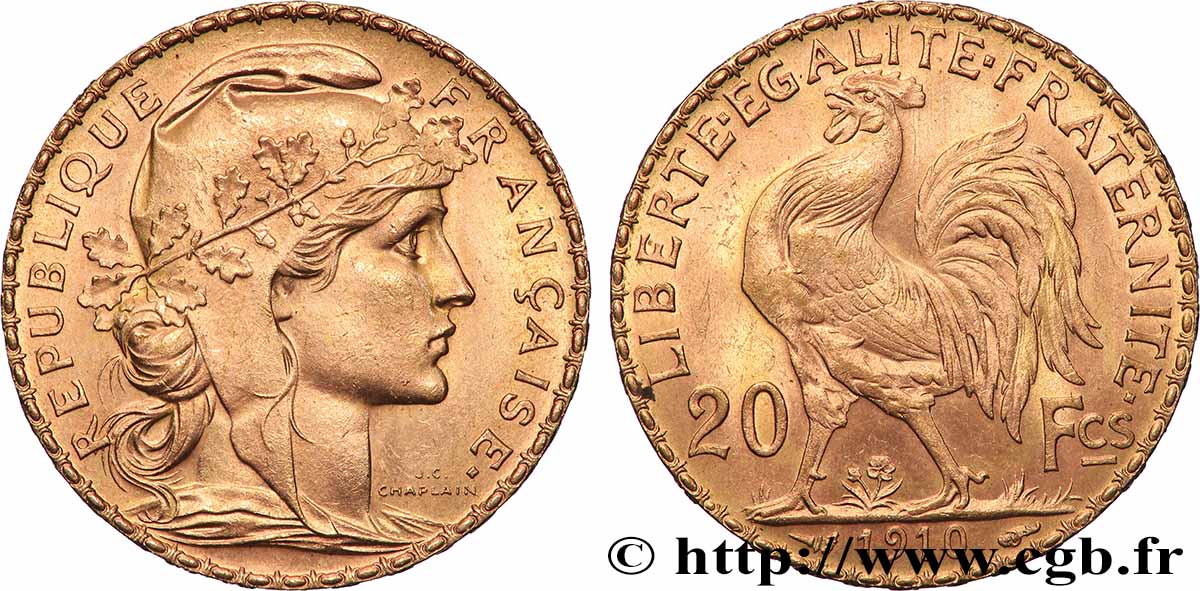 20 francs or Coq, Liberté Égalité Fraternité 1910 Paris F.535/4 SC 