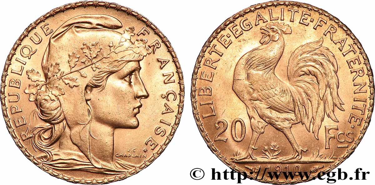 20 francs or Coq, Liberté Égalité Fraternité 1910 Paris F.535/4 SC 