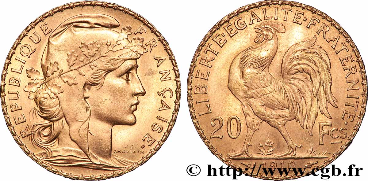 20 francs or Coq, Liberté Égalité Fraternité 1910 Paris F.535/4 EBC+ 