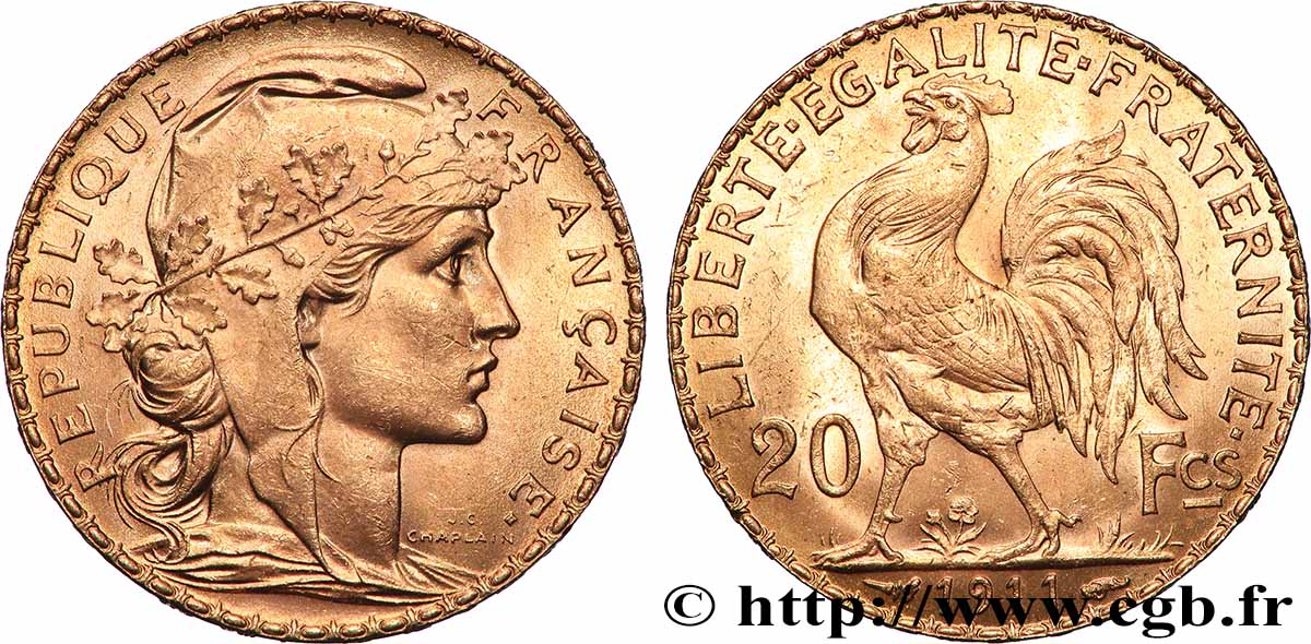 20 francs or Coq, Liberté Égalité Fraternité 1911 Paris F.535/5 SC 