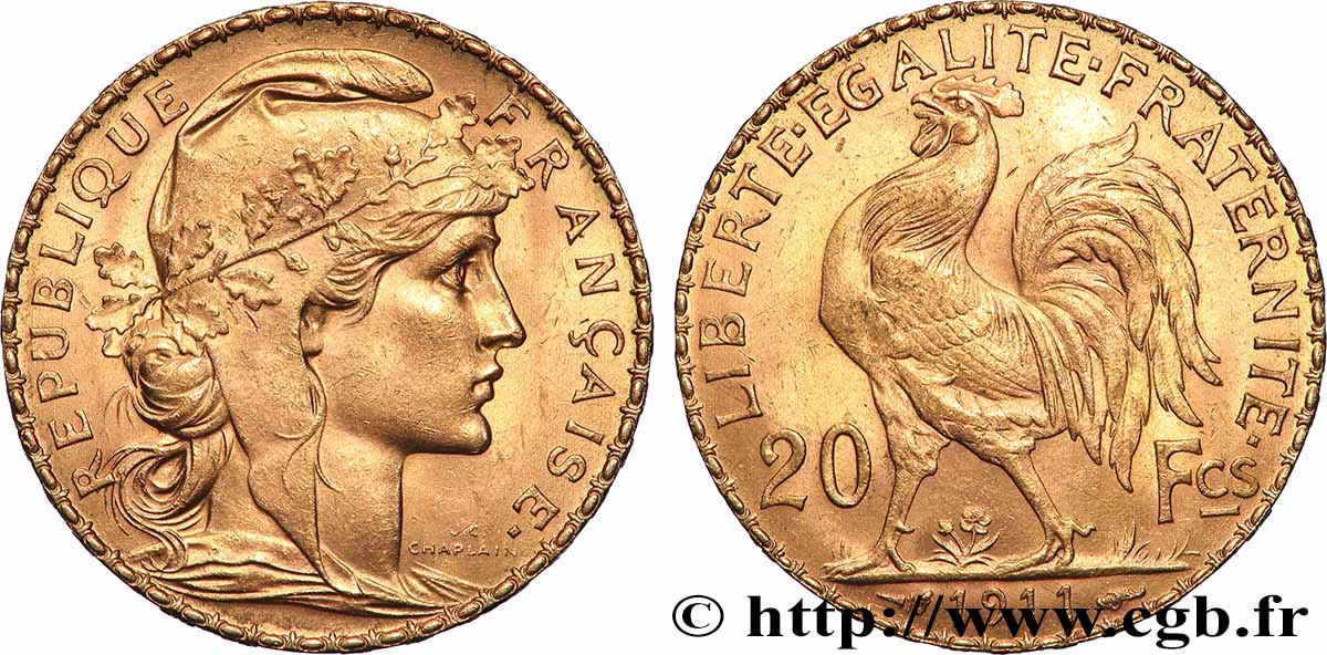 20 francs or Coq, Liberté Égalité Fraternité 1911 Paris F.535/5 EBC+ 