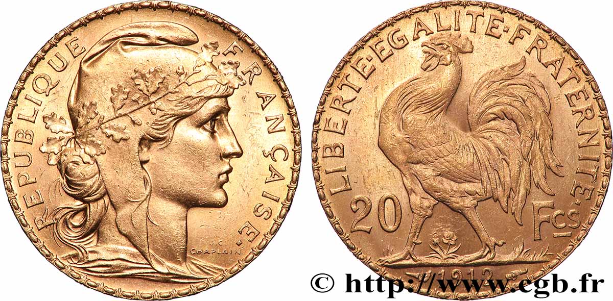 20 francs or Coq, Liberté Égalité Fraternité 1912 Paris F.535/6 MS 