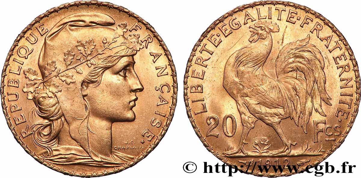 20 francs or Coq, Liberté Égalité Fraternité 1912 Paris F.535/6 EBC+ 