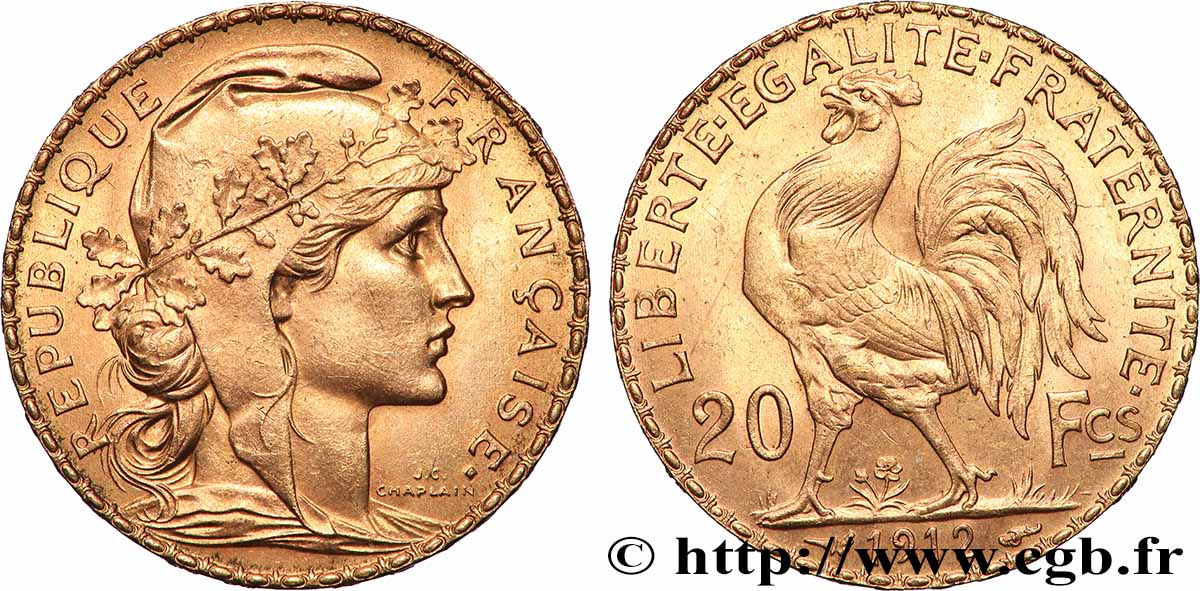 20 francs or Coq, Liberté Égalité Fraternité 1912 Paris F.535/6 EBC+ 