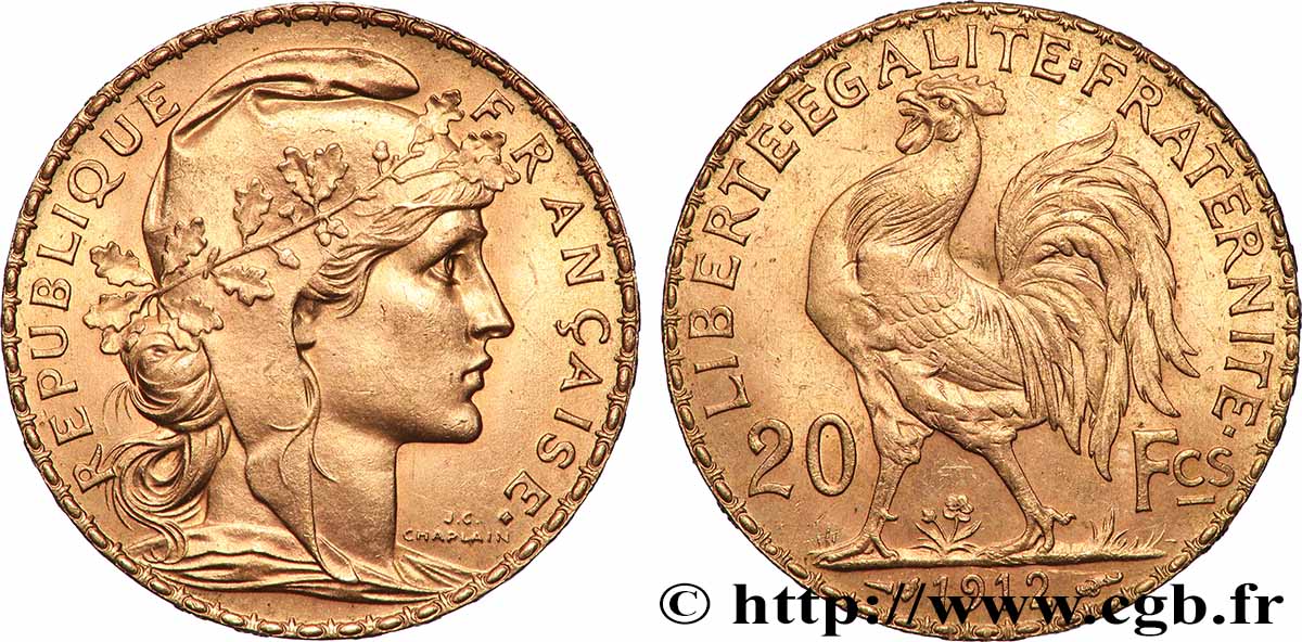 20 francs or Coq, Liberté Égalité Fraternité 1912 Paris F.535/6 SUP+ 