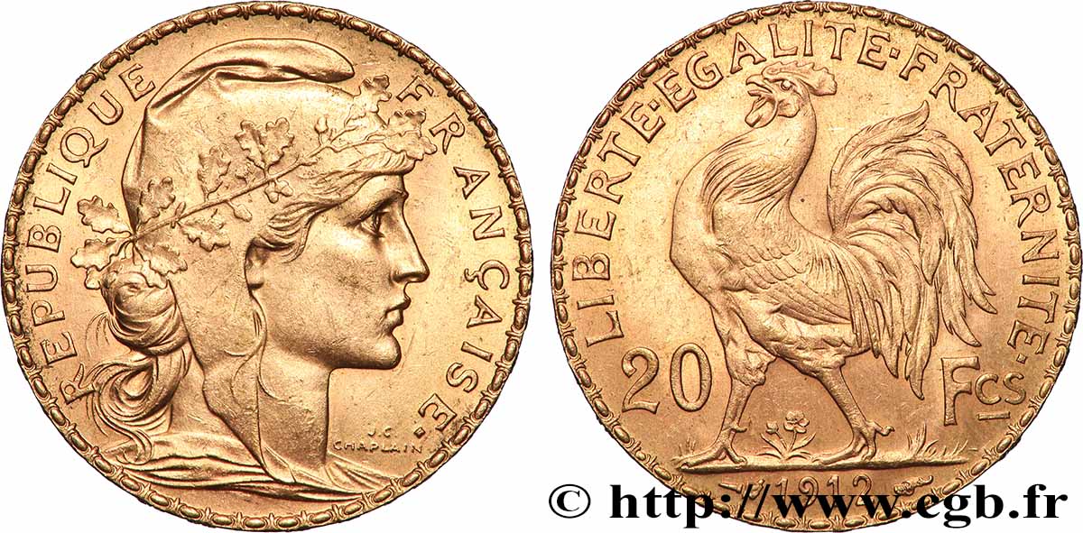 20 francs or Coq, Liberté Égalité Fraternité 1912 Paris F.535/6 EBC+ 