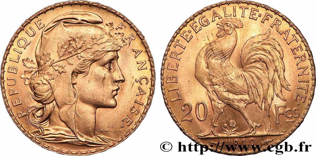 20 francs or Coq, Liberté Égalité Fraternité 1912 Paris F.535/6 SC 