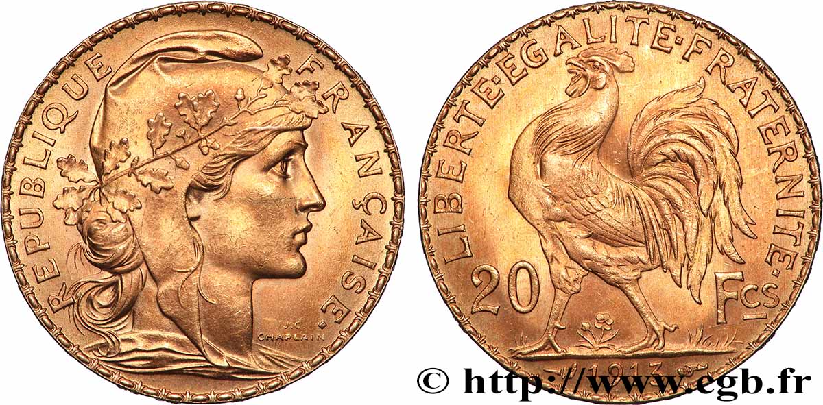 20 francs or Coq, Liberté Égalité Fraternité 1913 Paris F.535/7 MS 