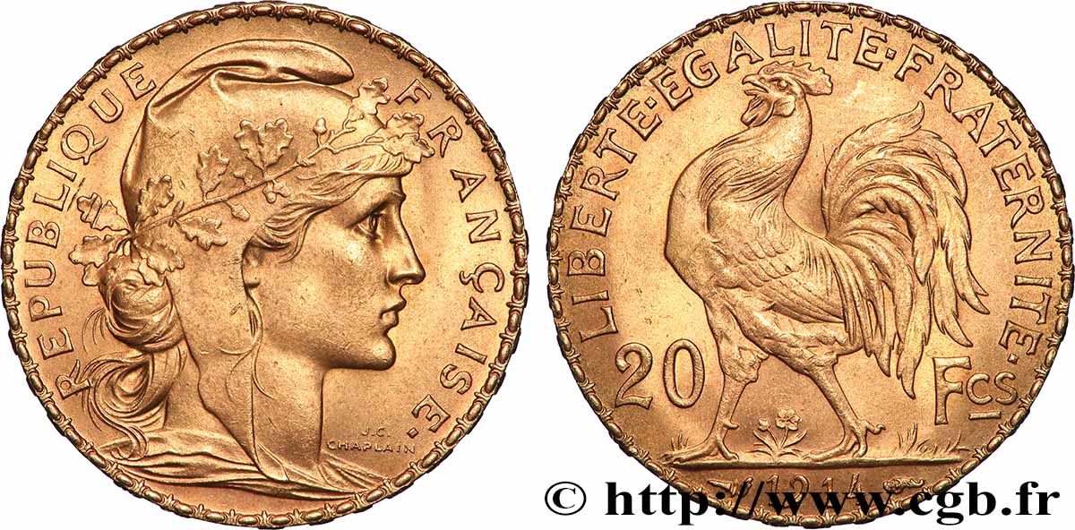 20 francs or Coq, Liberté Égalité Fraternité 1914 Paris F.535/8 fST 