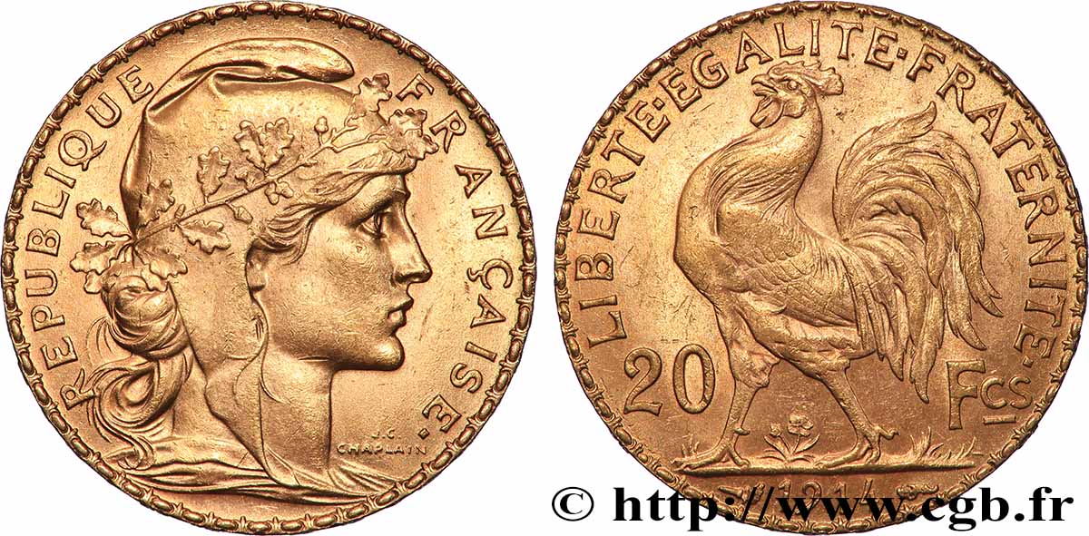 20 francs or Coq, Liberté Égalité Fraternité 1914 Paris F.535/8 EBC+ 