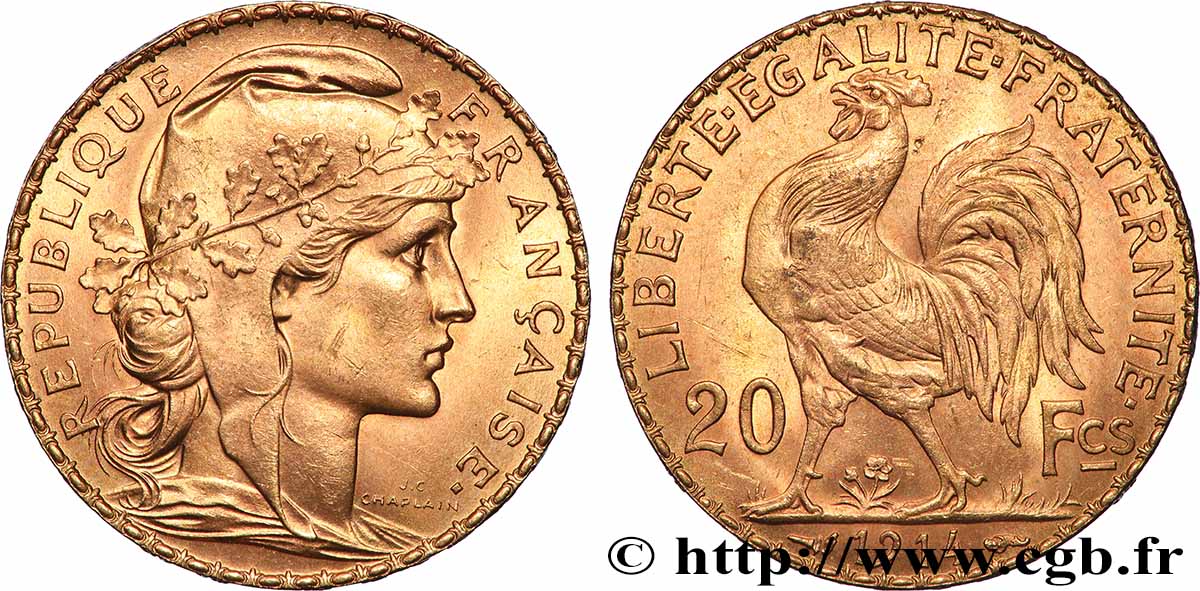 20 francs or Coq, Liberté Égalité Fraternité 1914 Paris F.535/8 EBC+ 