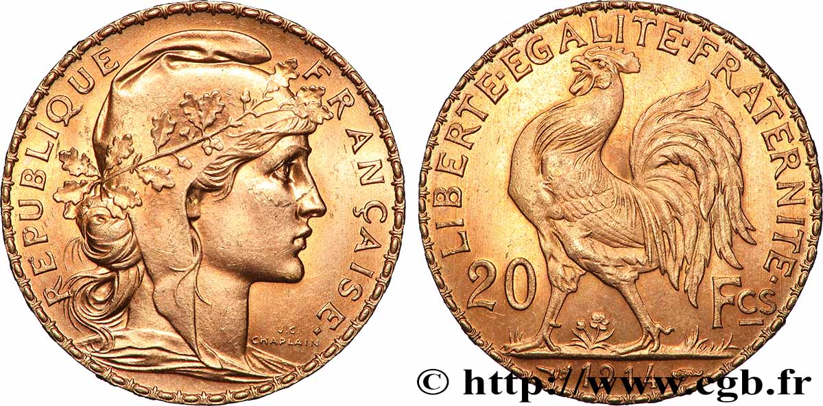 20 francs or Coq, Liberté Égalité Fraternité 1914 Paris F.535/8 MS 
