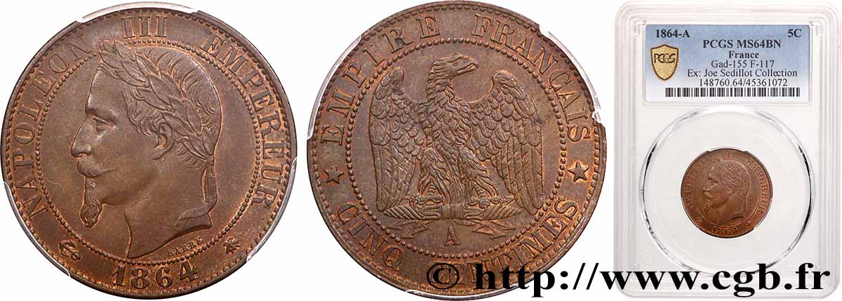 Cinq centimes Napoléon III, tête laurée 1864 Paris F.117/13 MS64 PCGS