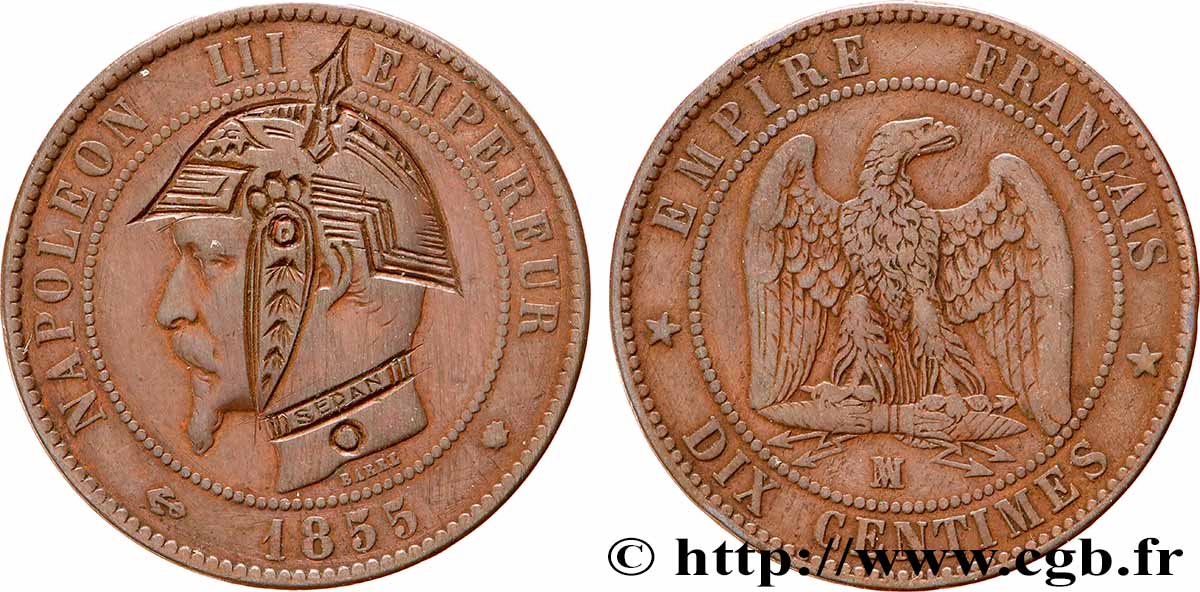 Dix centimes Napoléon III, tête nue, satirique 1855 Marseille F.133/31 var. XF 