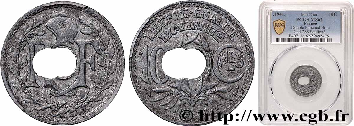 10 centimes Lindauer en zinc, Cmes souligné et millésime avec points, Fautée double trou 1941  F.140/2 var. MS62 PCGS