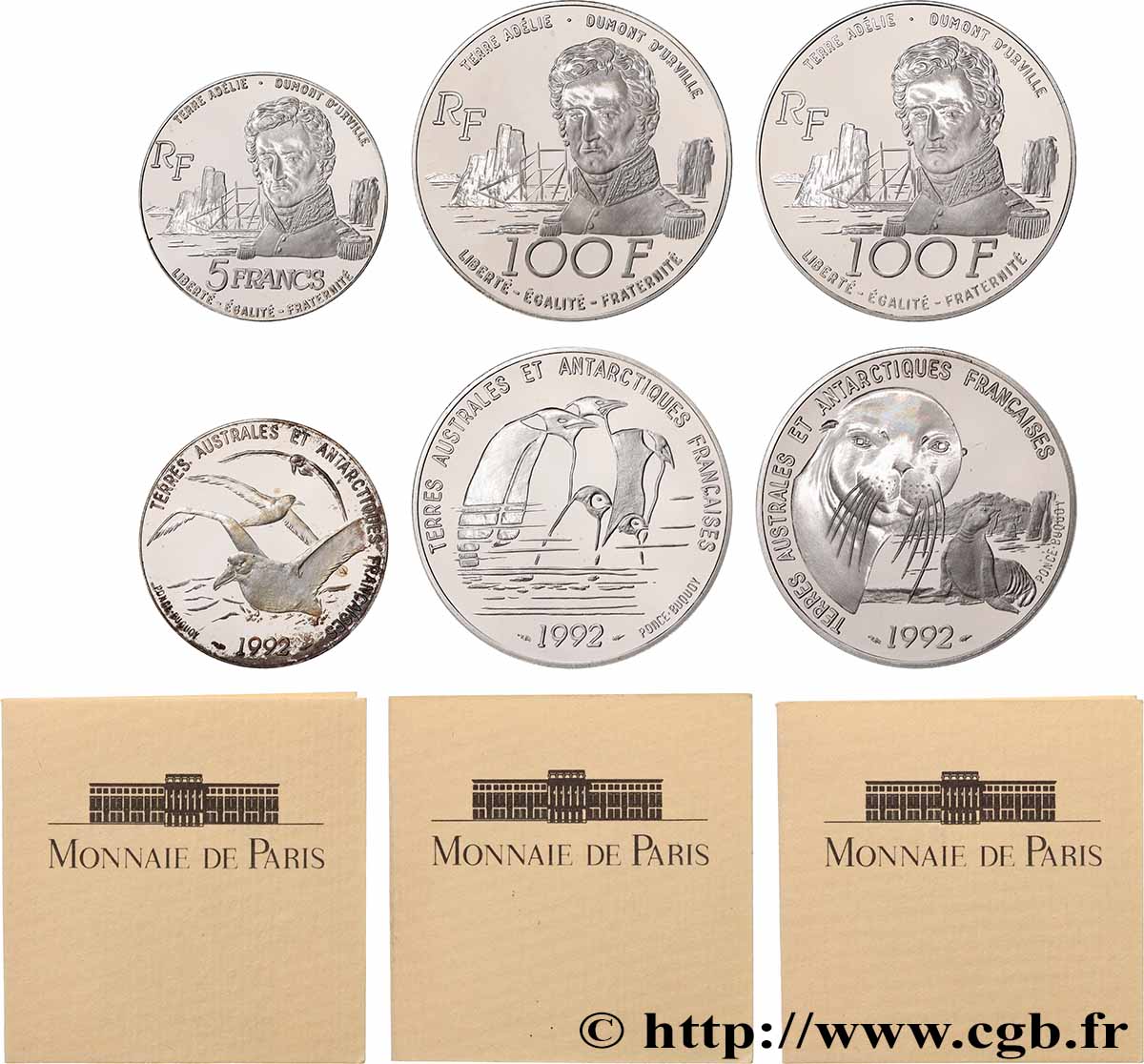 Lot des trois monnaies Belle Épreuve T.A.A.F. (Terres Australes et Antarctiques Françaises) 1992  F5.1202 1 MS 